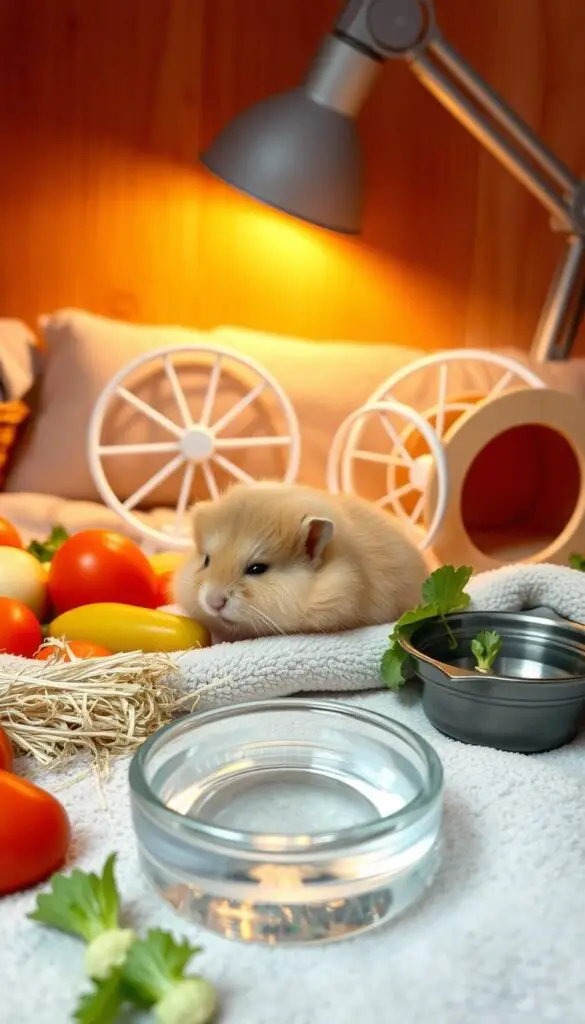 A cozy, well-lit domestic setting, showcasing a fluffy golden hamster resting peacefully in a soft-lined habitat. In the foreground, a selection of fresh vegetables, timothy hay, and a small water dish, representing a balanced, nutritious diet. The middle ground features a miniature exercise wheel and a hideaway den, highlighting the importance of physical and mental stimulation. In the background, a natural wood-grain texture adds warmth, while a subtle glow from a task lamp casts a gentle, calming ambiance. The scene conveys a sense of care, comfort, and preventive measures to ensure the hamster's overall well-being.