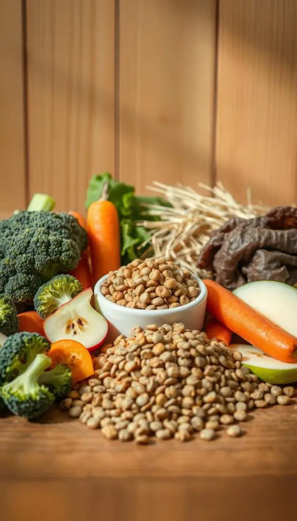 A still life arrangement showcasing the essential elements of a healthy hamster diet. In the foreground, an assortment of fresh vegetables and fruits, such as broccoli florets, carrot slices, apple wedges, and a few pieces of lettuce. In the middle ground, a small ceramic dish filled with high-quality hamster pellets and a pile of timothy hay. The background features a wooden surface with natural textures, casting warm, diffused lighting across the scene. The overall composition emphasizes the balanced, natural diet required to maintain a hamster's well-being.