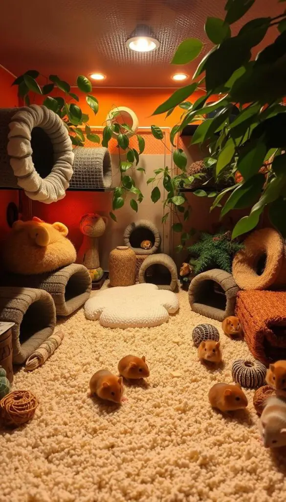 A well-appointed hamster habitat, bathed in warm, diffused lighting. In the foreground, a spacious, multilevel enclosure with cozy nesting areas, tunnels, and hiding spots. Plush bedding and an assortment of chew toys fill the middle ground. In the background, leafy plants and natural decor create a lush, biophilic environment. The scene exudes a sense of tranquility and comfort, showcasing an ideal setup for a healthy, thriving hamster.