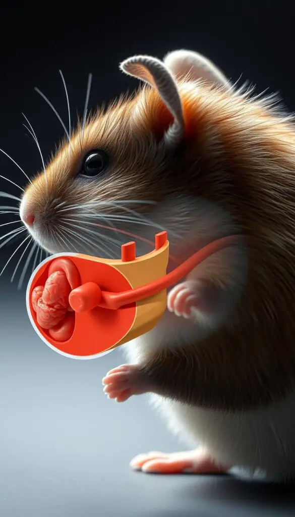 a highly detailed, photorealistic digital illustration of a hamster's head in profile, with a cross-section overlay revealing the internal anatomy and biological systems susceptible to influenza infection. The hamster's fur should be rendered with meticulous attention to texture and shading, and the cross-section should clearly depict the nasal passages, respiratory tract, and other relevant organs. The lighting should create a sense of depth and dimensionality, with subtle shadows and highlights that enhance the anatomical details. The overall mood should be scientific and informative, conveying the concept of "hamster influenza susceptibility" in a visually compelling and medically accurate manner.